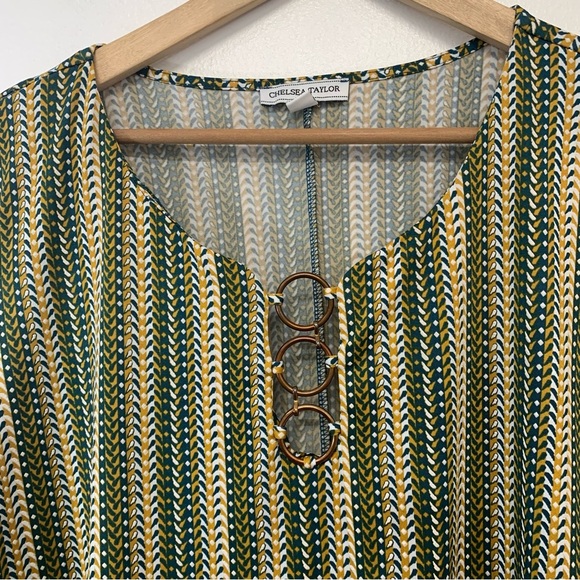 Chelsea Taylor Shift A Line Dress 2X  Geometric Green Ruffle Sleeve Below Knee O - Picture 2 of 9